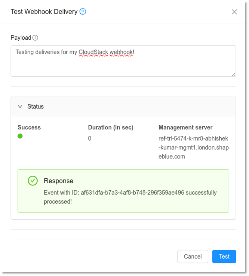test webhook delivery cloudstack