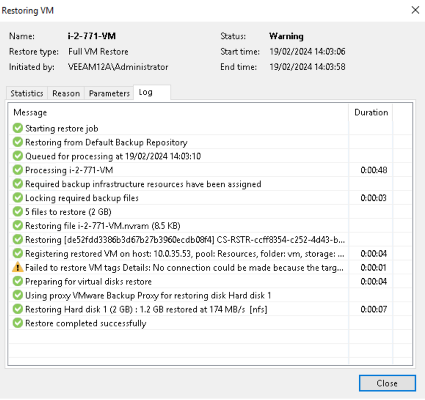 restoring vm